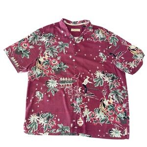 Tommy Bahama 2XB Merry Kitschmas Short Sleeve Silk Button Up Shirt - Burgundy